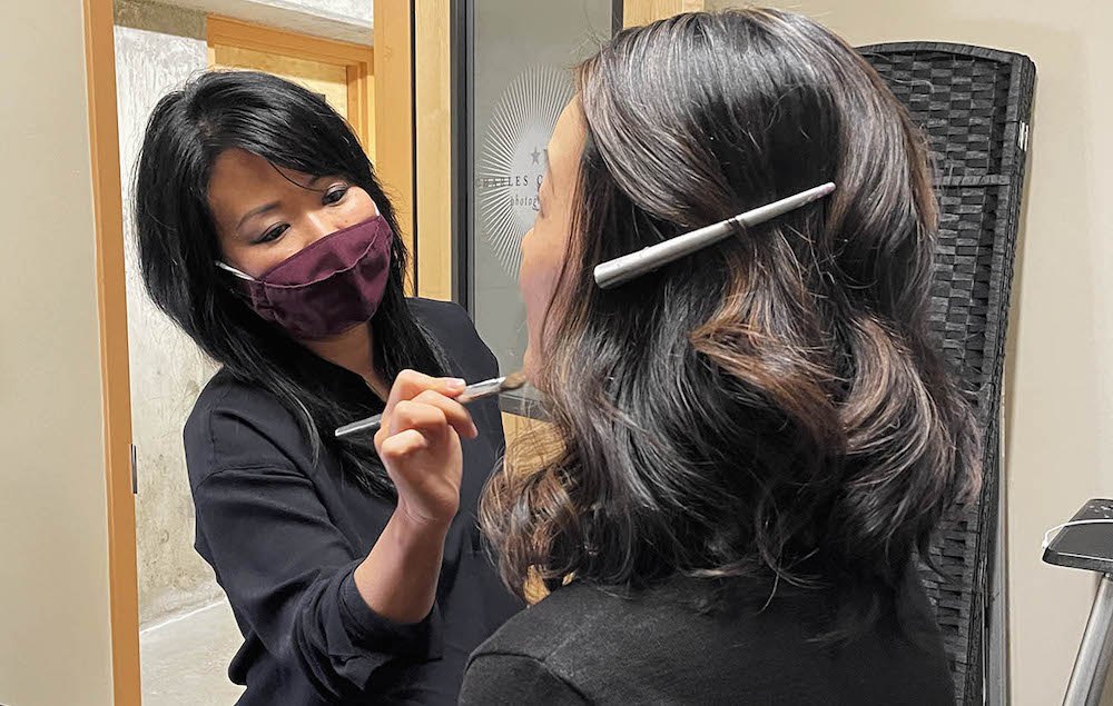 Studio Headshot Session with Makeup Artist Kurumi Shulz Applying Foundation with a Brush